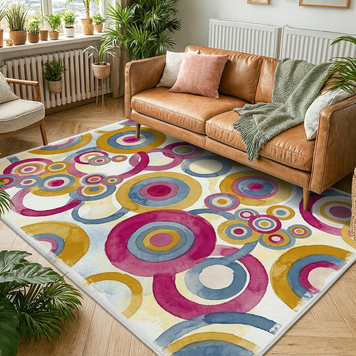 Circles Area Rug, Modern Abstract Rings Dots None Peach Low Pile Sponge Aesthetic Rectangle Home Floor Carpet Rugs for Living Room Bedroom Classroom Apartment Decor 5' X 7'