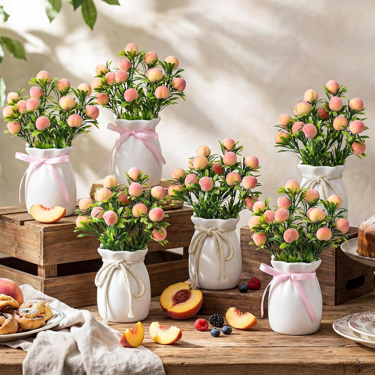 6 Sets Artificial Peach Branches with Vase Ribbon 12.6'' Realistic Faux Fruit Bouquet Fake Stem with Green Leaves Decorative for Home Party Farmhouse Table Decor (Pink, White)