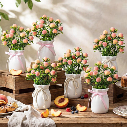 6 Sets Artificial Peach Branches with Vase Ribbon 12.6'' Realistic Faux Fruit Bouquet Fake Stem with Green Leaves Decorative for Home Party Farmhouse Table Decor (Pink, White)