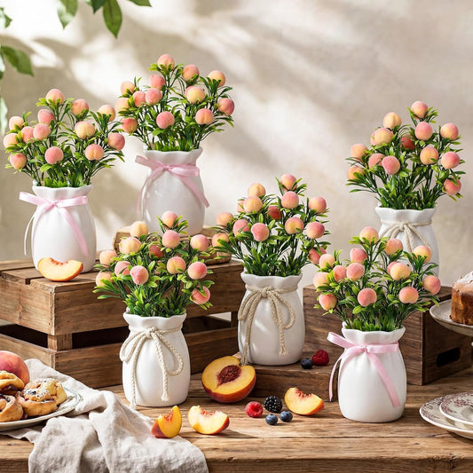 6 Sets Artificial Peach Branches with Vase Ribbon 12.6'' Realistic Faux Fruit Bouquet Fake Stem with Green Leaves Decorative for Home Party Farmhouse Table Decor (Pink, White)