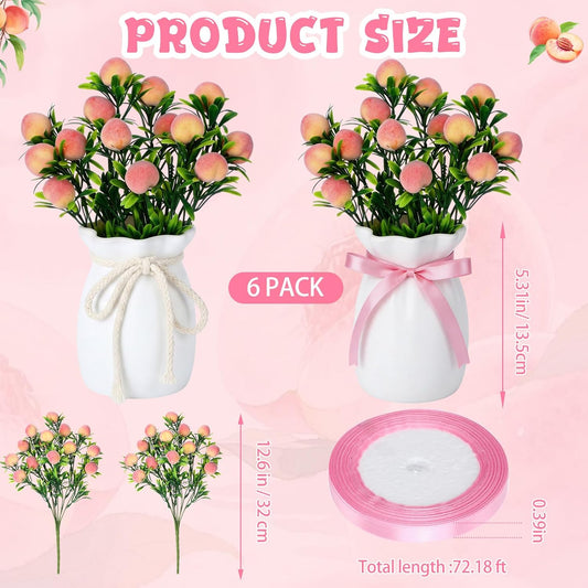 6 Sets Artificial Peach Branches with Vase Ribbon 12.6'' Realistic Faux Fruit Bouquet Fake Stem with Green Leaves Decorative for Home Party Farmhouse Table Decor (Pink, White)
