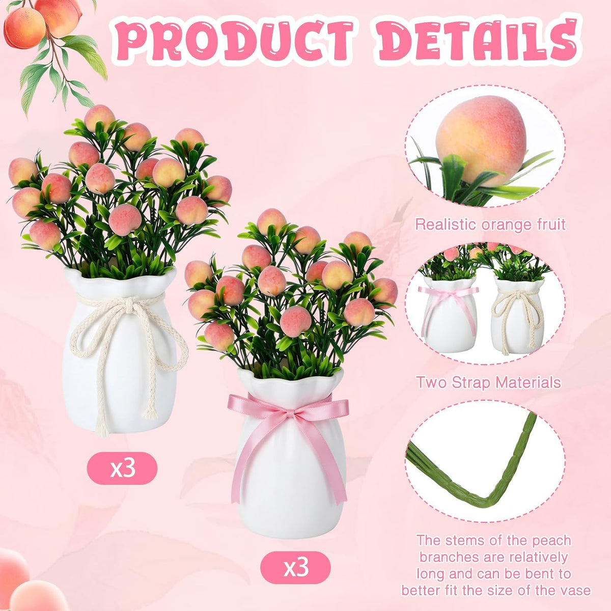 6 Sets Artificial Peach Branches with Vase Ribbon 12.6'' Realistic Faux Fruit Bouquet Fake Stem with Green Leaves Decorative for Home Party Farmhouse Table Decor (Pink, White)