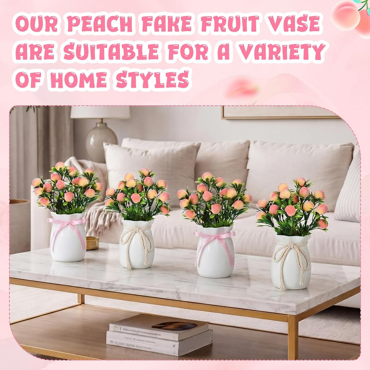 6 Sets Artificial Peach Branches with Vase Ribbon 12.6'' Realistic Faux Fruit Bouquet Fake Stem with Green Leaves Decorative for Home Party Farmhouse Table Decor (Pink, White)