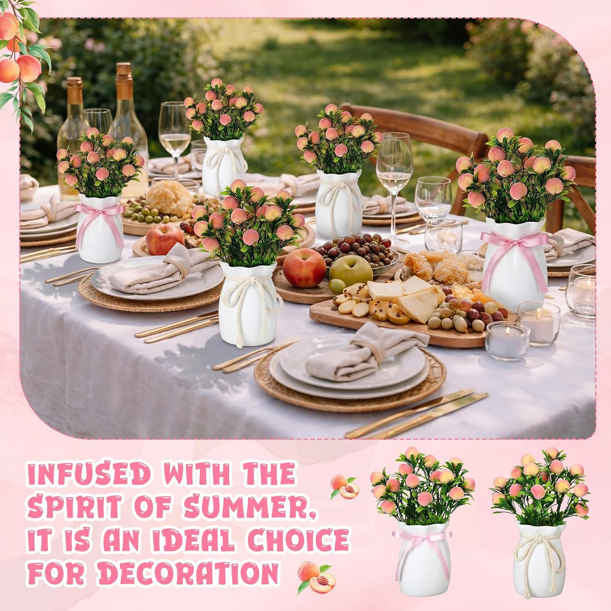 6 Sets Artificial Peach Branches with Vase Ribbon 12.6'' Realistic Faux Fruit Bouquet Fake Stem with Green Leaves Decorative for Home Party Farmhouse Table Decor (Pink, White)