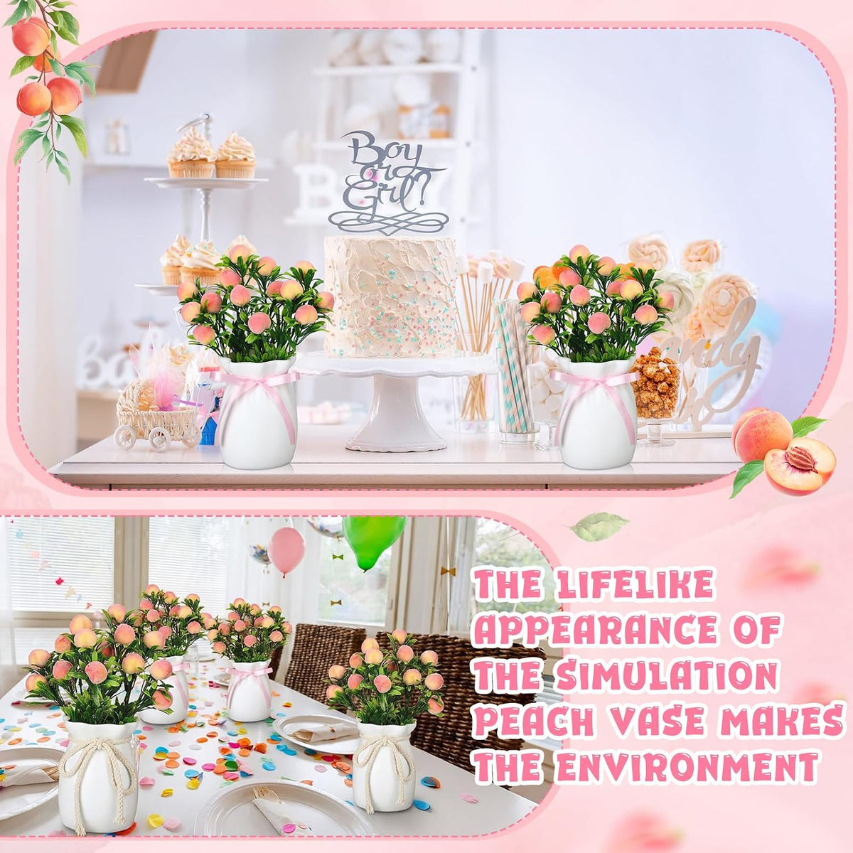 6 Sets Artificial Peach Branches with Vase Ribbon 12.6'' Realistic Faux Fruit Bouquet Fake Stem with Green Leaves Decorative for Home Party Farmhouse Table Decor (Pink, White)