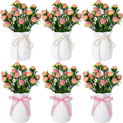 6 Sets Artificial Peach Branches with Vase Ribbon 12.6'' Realistic Faux Fruit Bouquet Fake Stem with Green Leaves Decorative for Home Party Farmhouse Table Decor (Pink, White)