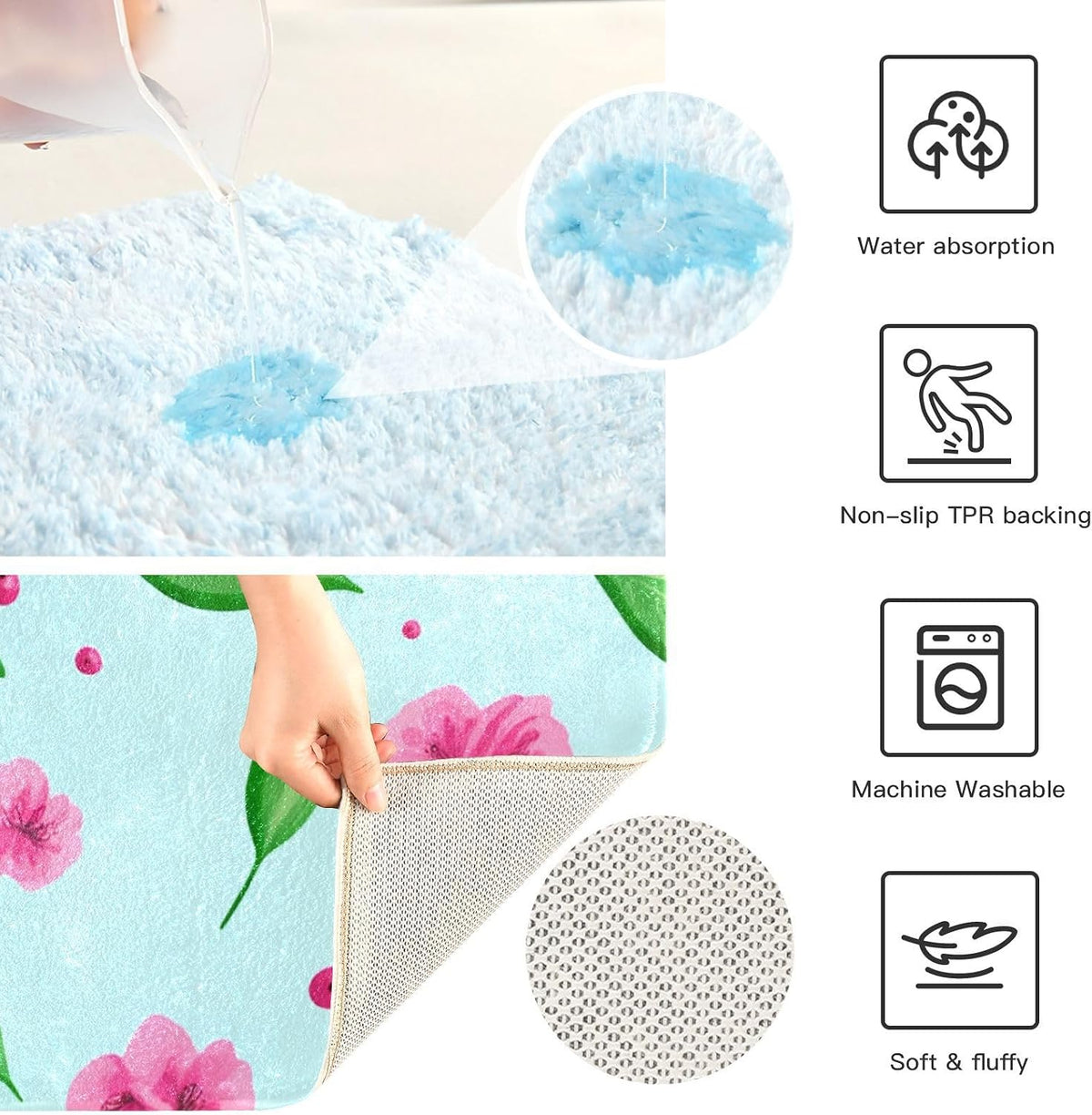 Pink Flowers Bathroom Rug, Non Slip Dry Quickly Bath Mat, Absorbent Soft Bath Rug, Home Decor Accessories, 24"x16"