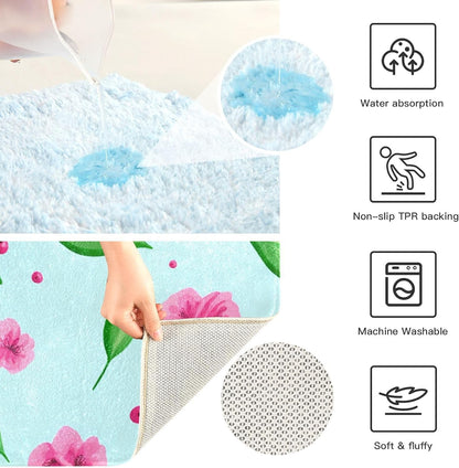 Pink Flowers Bathroom Rug, Non Slip Dry Quickly Bath Mat, Absorbent Soft Bath Rug, Home Decor Accessories, 24"x16"