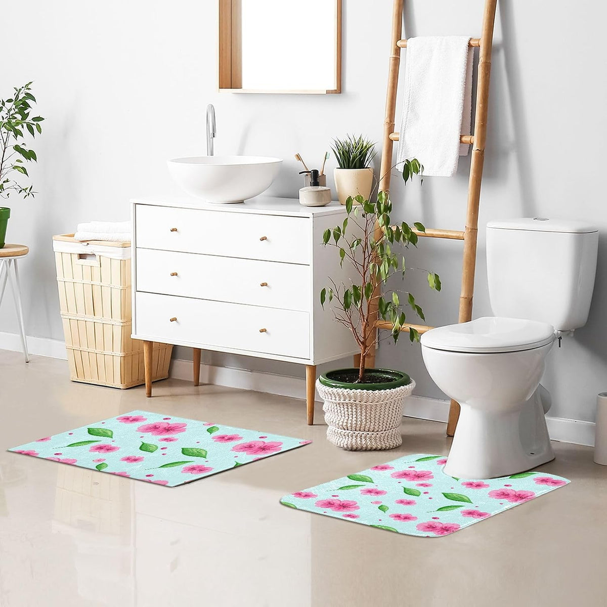 Pink Flowers Bathroom Rug, Non Slip Dry Quickly Bath Mat, Absorbent Soft Bath Rug, Home Decor Accessories, 24"x16"