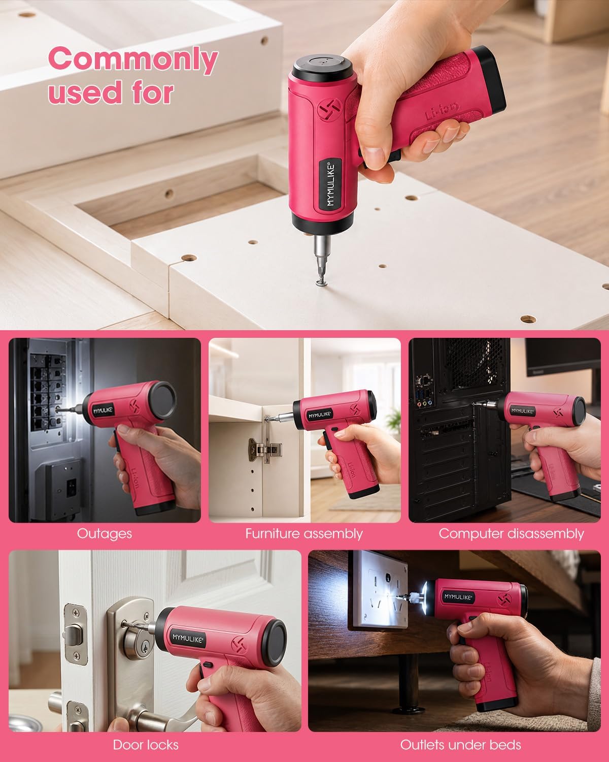 MYMULIKE Pink Cordless Electric Screwdriver, 4V Rechargeable Mini Power Drill Set, 23-Piece Bit Set for Home Use, Furniture Assembly & Daily DIY Projects