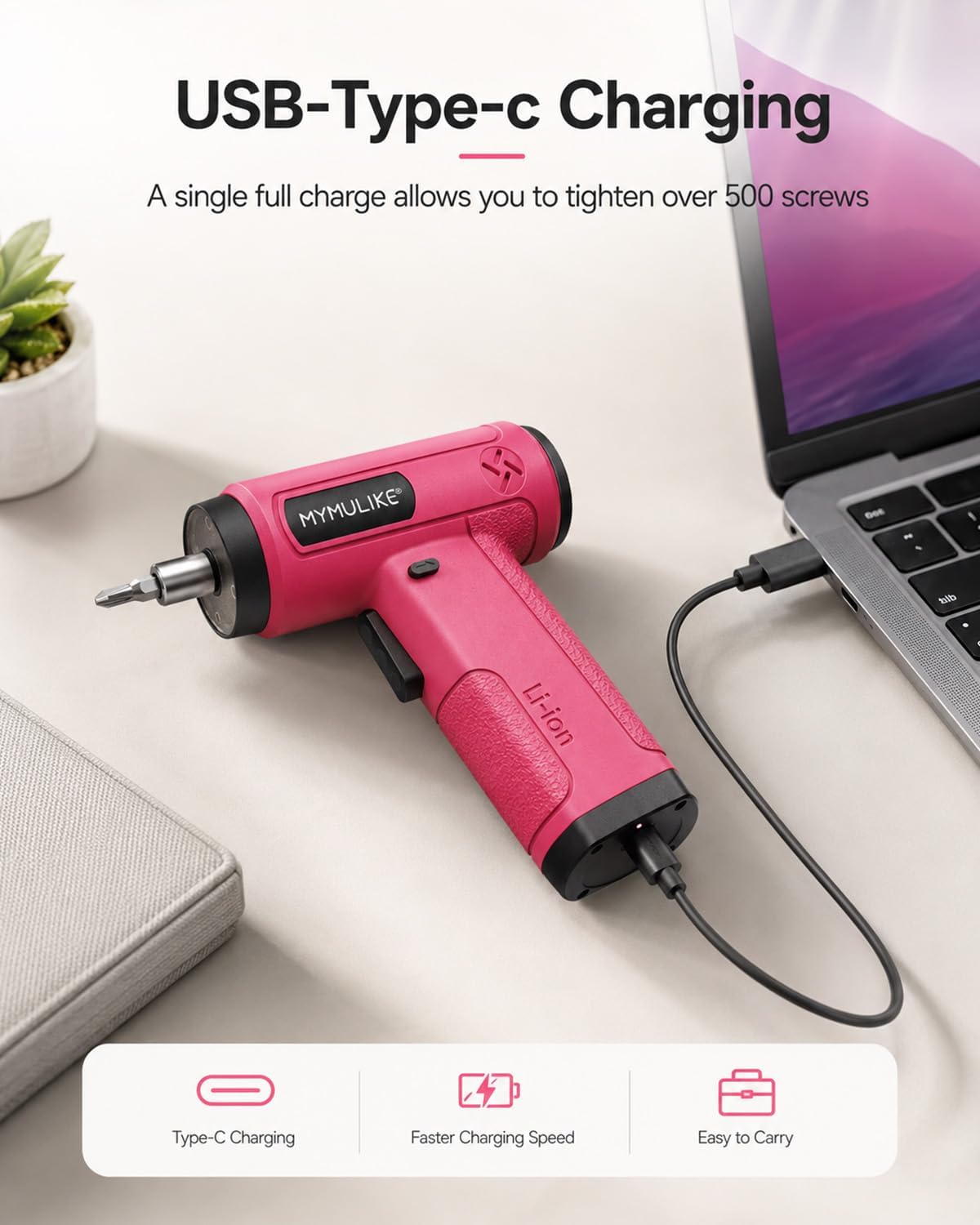 MYMULIKE Pink Cordless Electric Screwdriver, 4V Rechargeable Mini Power Drill Set, 23-Piece Bit Set for Home Use, Furniture Assembly & Daily DIY Projects