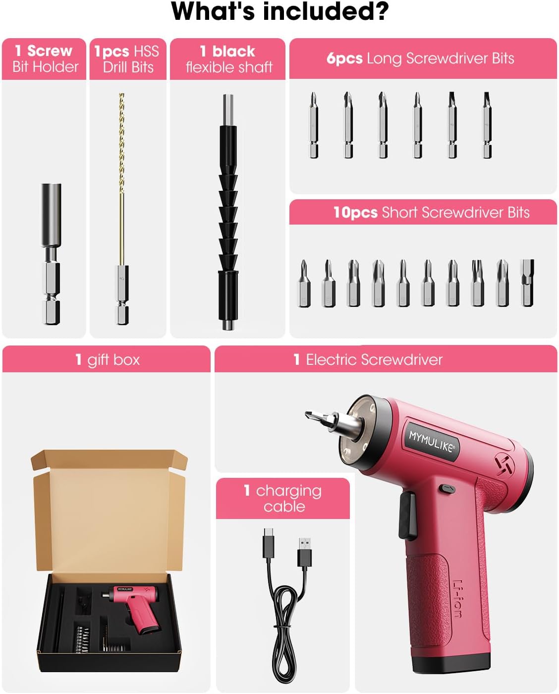 MYMULIKE Pink Cordless Electric Screwdriver, 4V Rechargeable Mini Power Drill Set, 23-Piece Bit Set for Home Use, Furniture Assembly & Daily DIY Projects