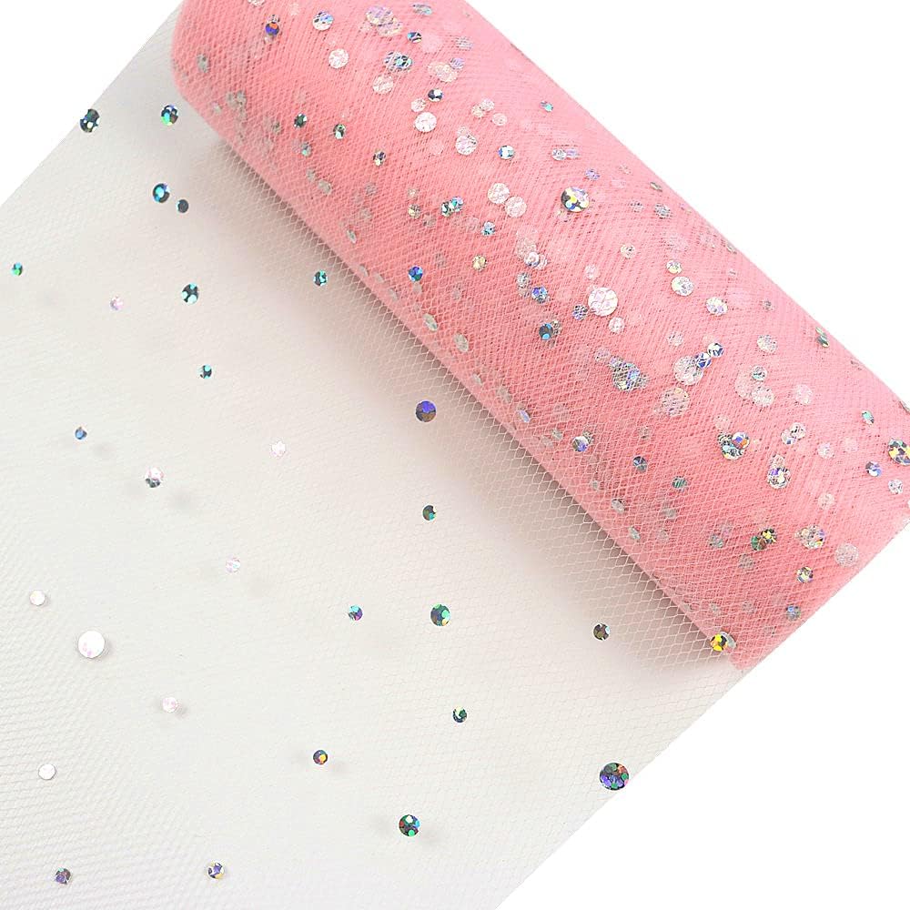 Laser Sequin Glitter Tulle Rolls 6 inch x 10 Yards (30 feet) Color for Table Runner Chair Sash Bow Pet Tutu Skirt Sewing Crafting Fabric Wedding Birthday Ribbon (Light Pink)