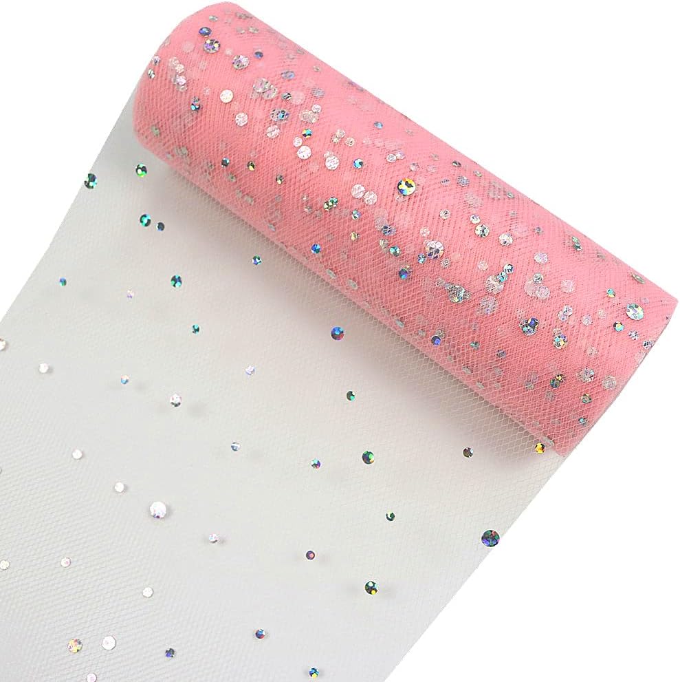Laser Sequin Glitter Tulle Rolls 6 inch x 10 Yards (30 feet) Color for Table Runner Chair Sash Bow Pet Tutu Skirt Sewing Crafting Fabric Wedding Birthday Ribbon (Light Pink)