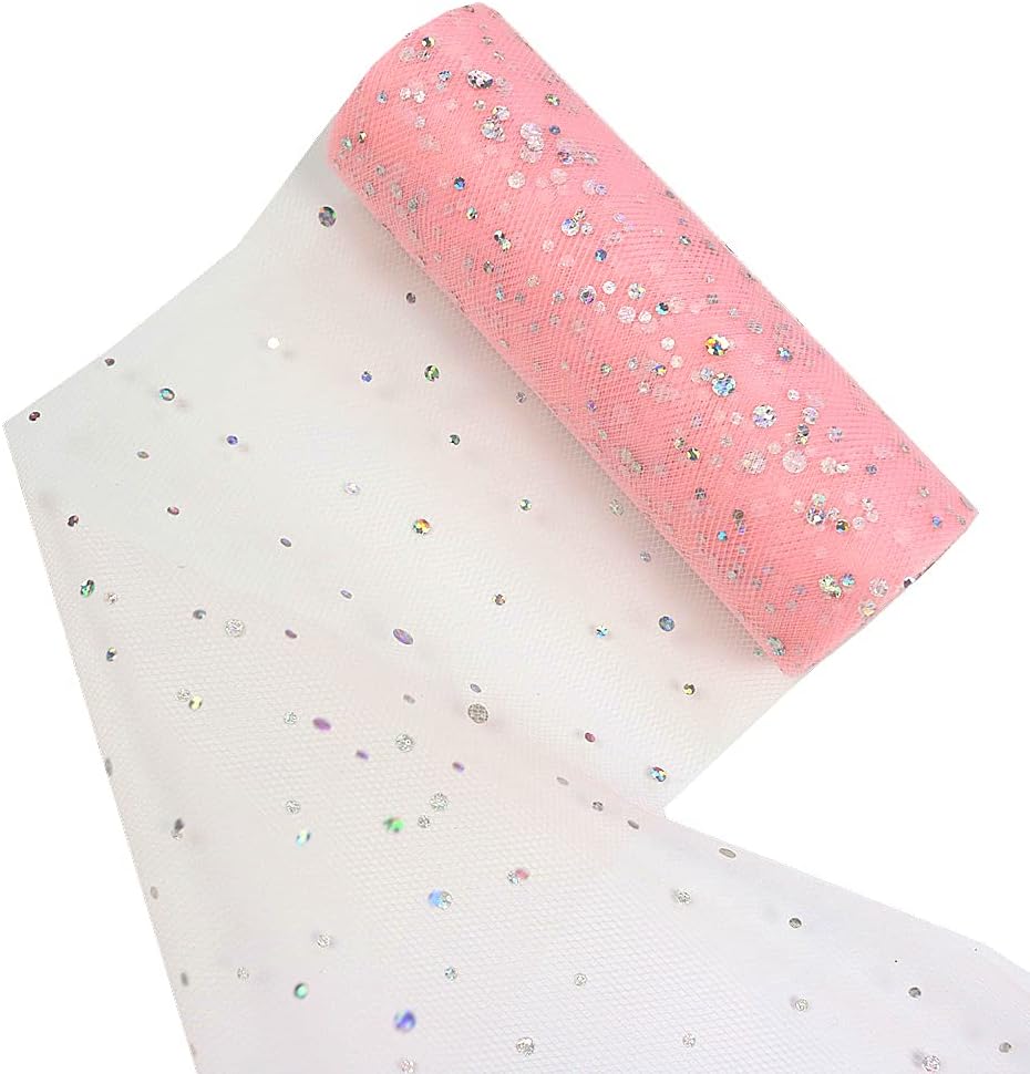 Laser Sequin Glitter Tulle Rolls 6 inch x 10 Yards (30 feet) Color for Table Runner Chair Sash Bow Pet Tutu Skirt Sewing Crafting Fabric Wedding Birthday Ribbon (Light Pink)