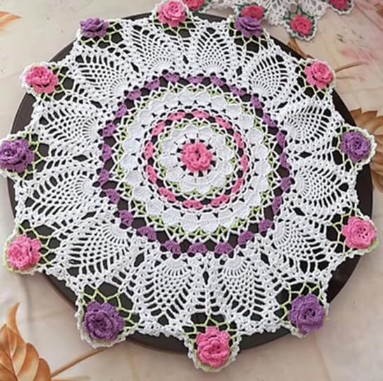 Round Floral Handmade Crochet Tablecloth,1 pc,19.7"x19.7",Cotton Purple & Pink Rose Country-Style Doily for Dining Table, Coffee Table and Nightstand