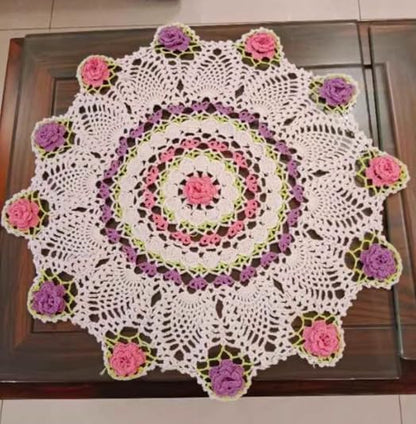 Round Floral Handmade Crochet Tablecloth,1 pc,19.7"x19.7",Cotton Purple & Pink Rose Country-Style Doily for Dining Table, Coffee Table and Nightstand