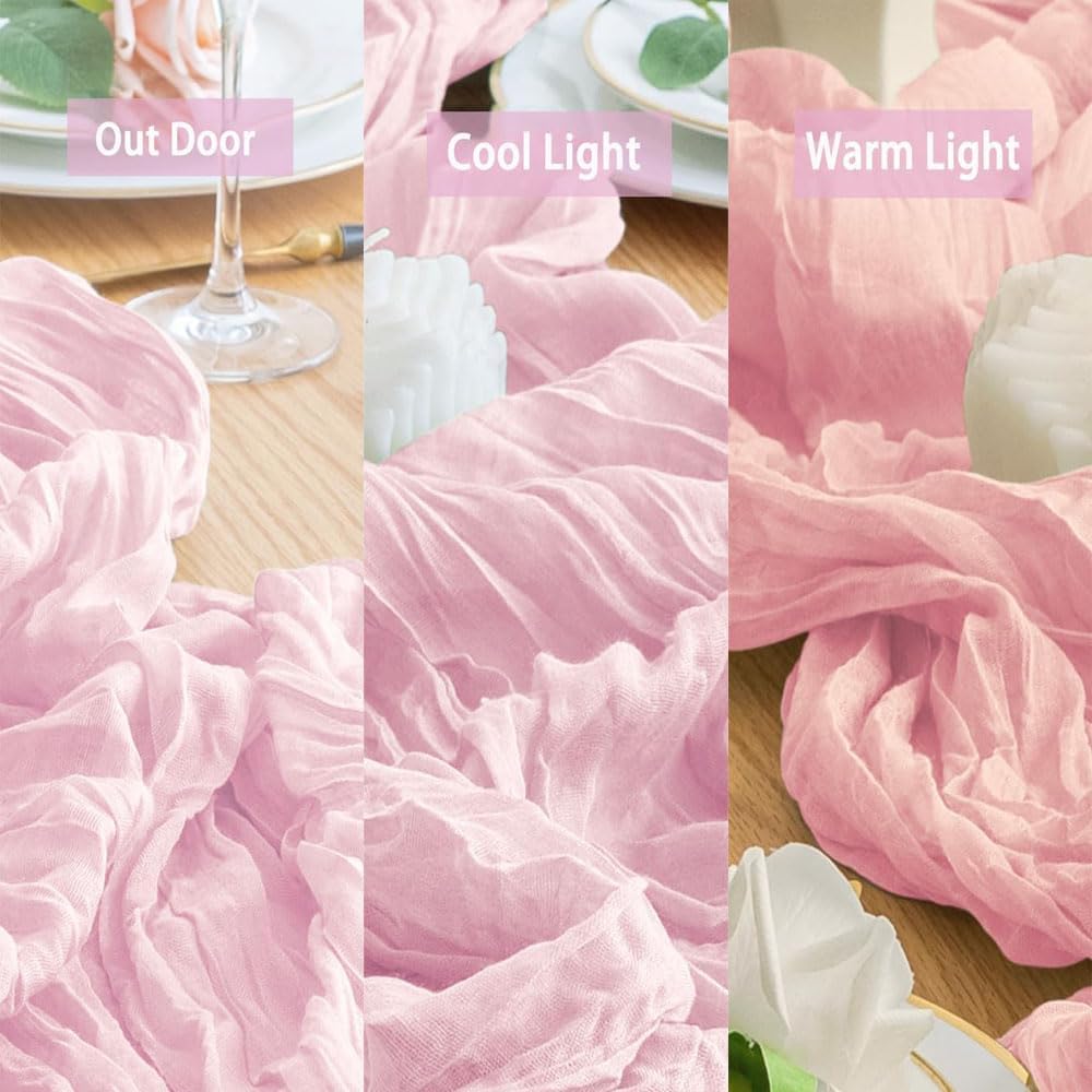 12 Pack Light Pink Gauze Cheesecloth Table Runners 10ft (35x120 Inch) - Boho Wedding Decor for Bridal Showers, Baby Showers & Birthday Parties