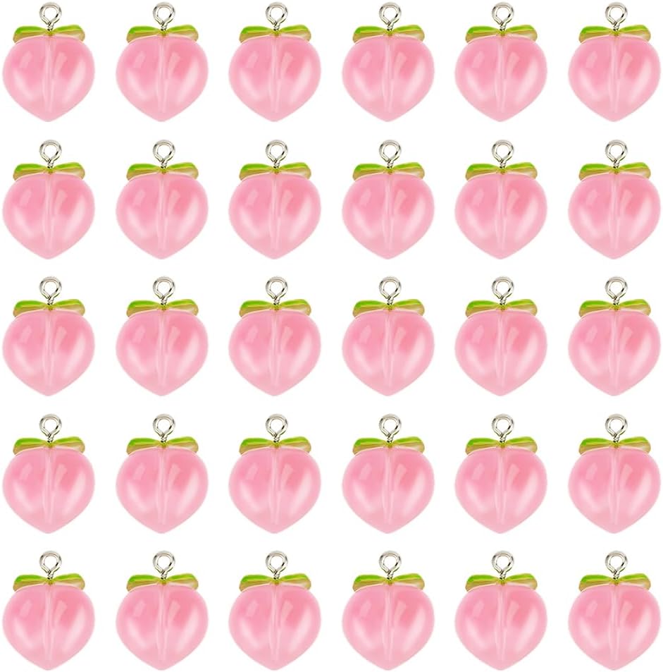 30Pcs Peach Pendants Transparent Resin Pendants Fruit Pendant Pink Peach Charm with Loop 3D Peaches Hanging Pendant for Necklace Bracelet Earrings Jewelry Making DIY Crafts
