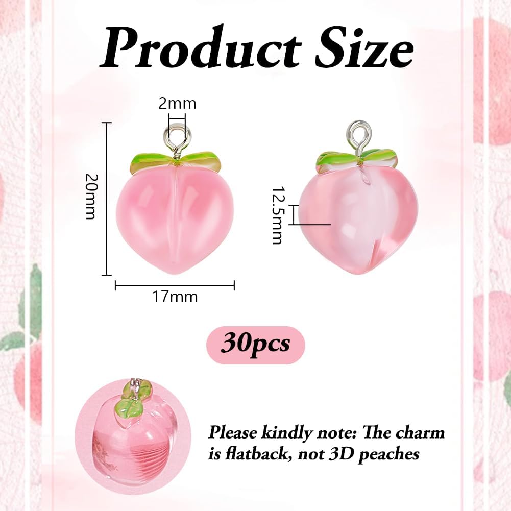 30Pcs Peach Pendants Transparent Resin Pendants Fruit Pendant Pink Peach Charm with Loop 3D Peaches Hanging Pendant for Necklace Bracelet Earrings Jewelry Making DIY Crafts