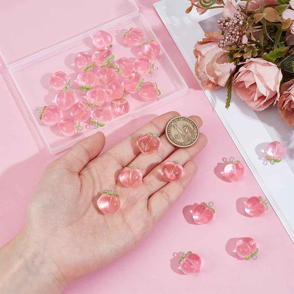 30Pcs Peach Pendants Transparent Resin Pendants Fruit Pendant Pink Peach Charm with Loop 3D Peaches Hanging Pendant for Necklace Bracelet Earrings Jewelry Making DIY Crafts