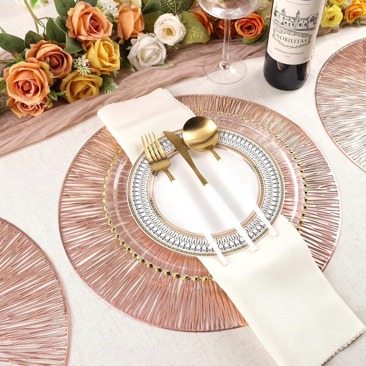 Round Placemats Set of 6 Rose Gold Metallic Vinyl 15 Inch Table Mats