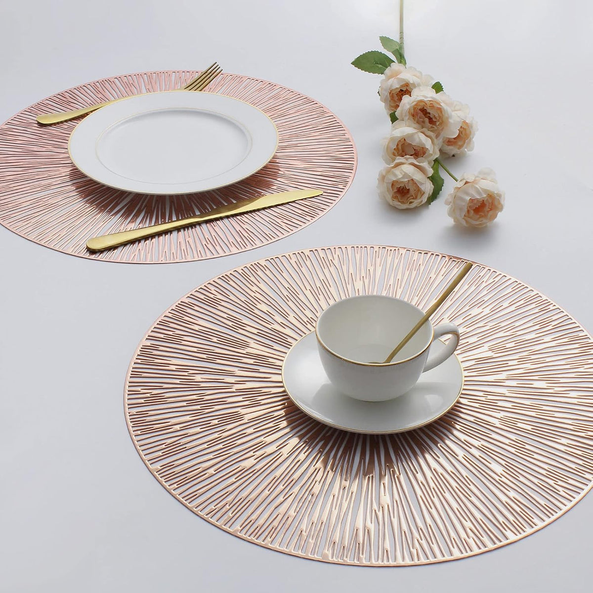 Round Placemats Set of 6 Rose Gold Metallic Vinyl 15 Inch Table Mats