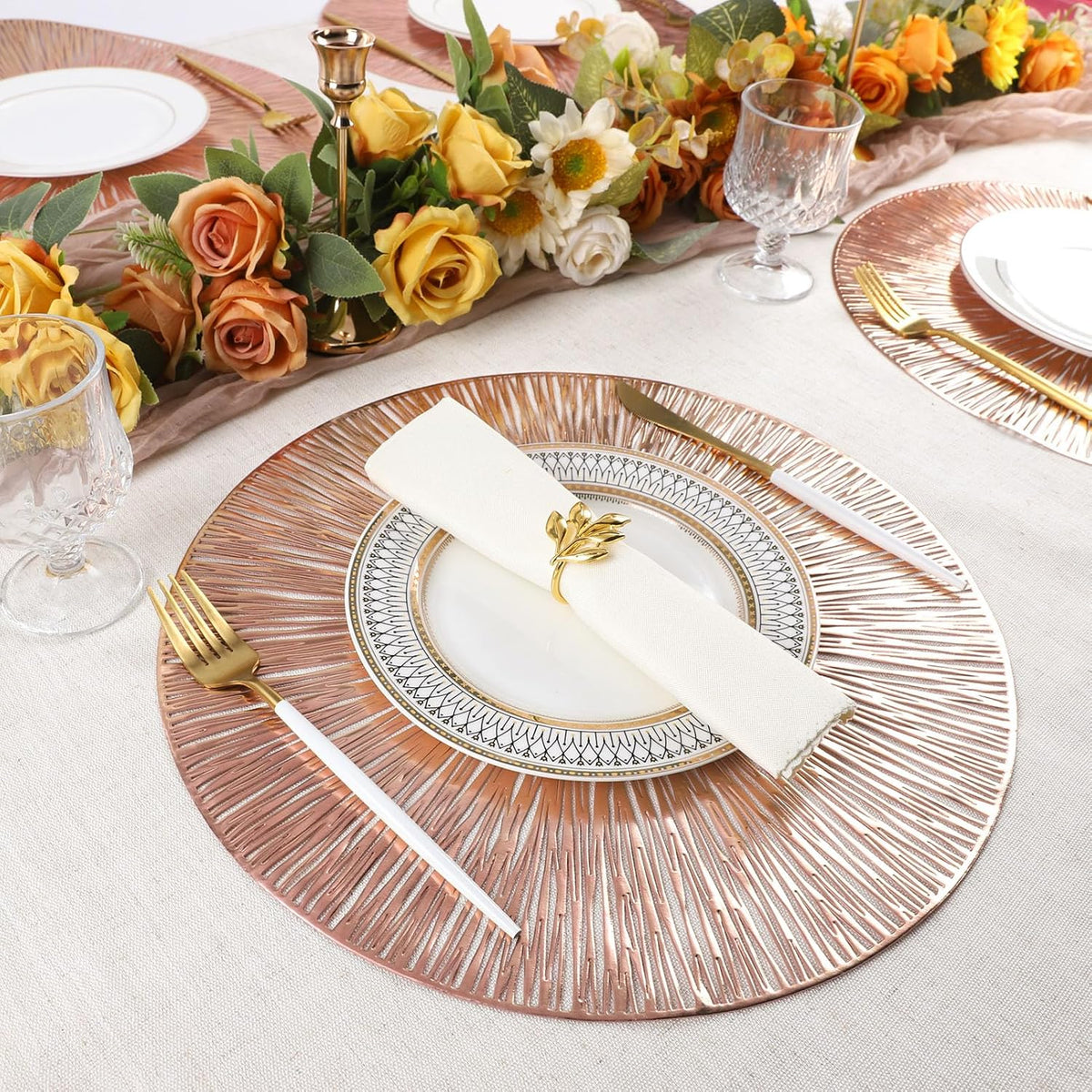 Round Placemats Set of 6 Rose Gold Metallic Vinyl 15 Inch Table Mats
