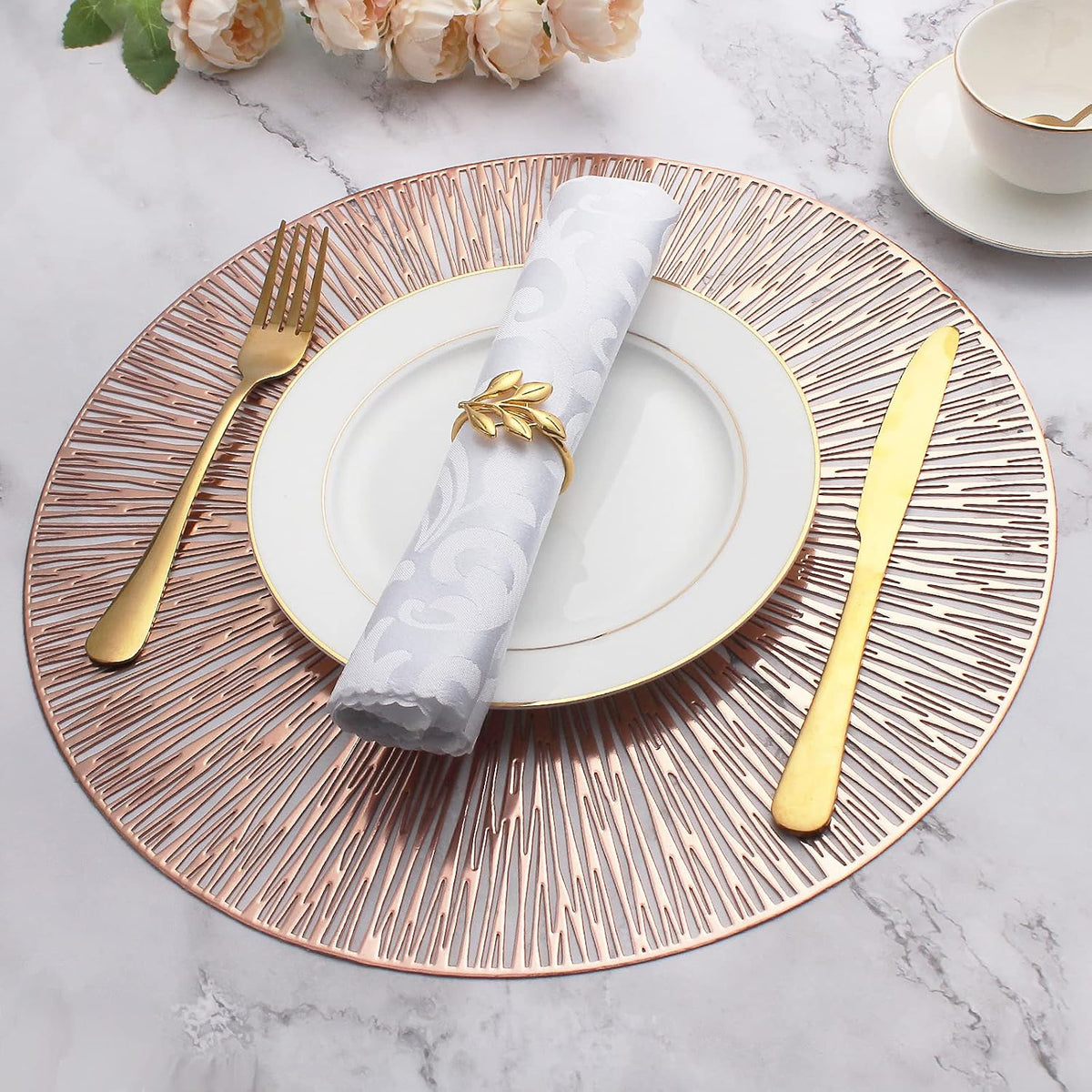 Round Placemats Set of 6 Rose Gold Metallic Vinyl 15 Inch Table Mats