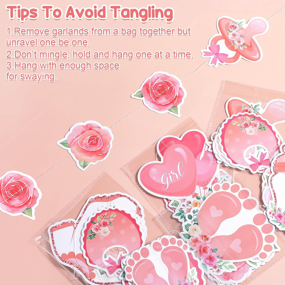 8 Pcs Pink Rose Gold Baby Shower Decorations for Girl Garlands