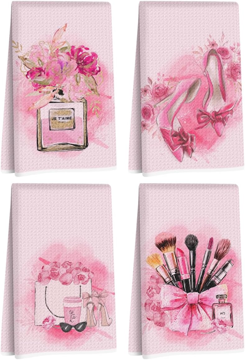 4 Pcs Pink Hand Towels for Bathroom, Perfume Bow Decor Reusable Tea Towels