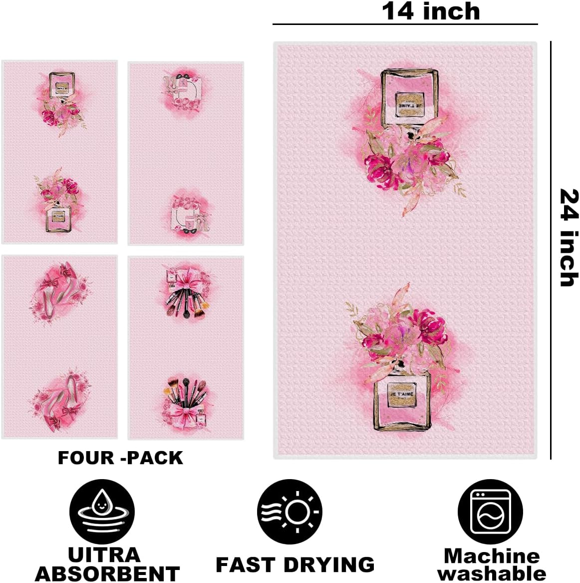 4 Pcs Pink Hand Towels for Bathroom, Perfume Bow Decor Reusable Tea Towels