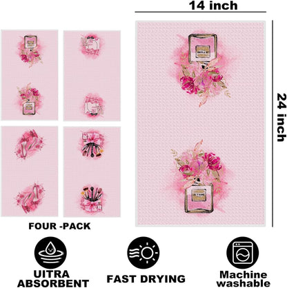 4 Pcs Pink Hand Towels for Bathroom, Perfume Bow Decor Reusable Tea Towels