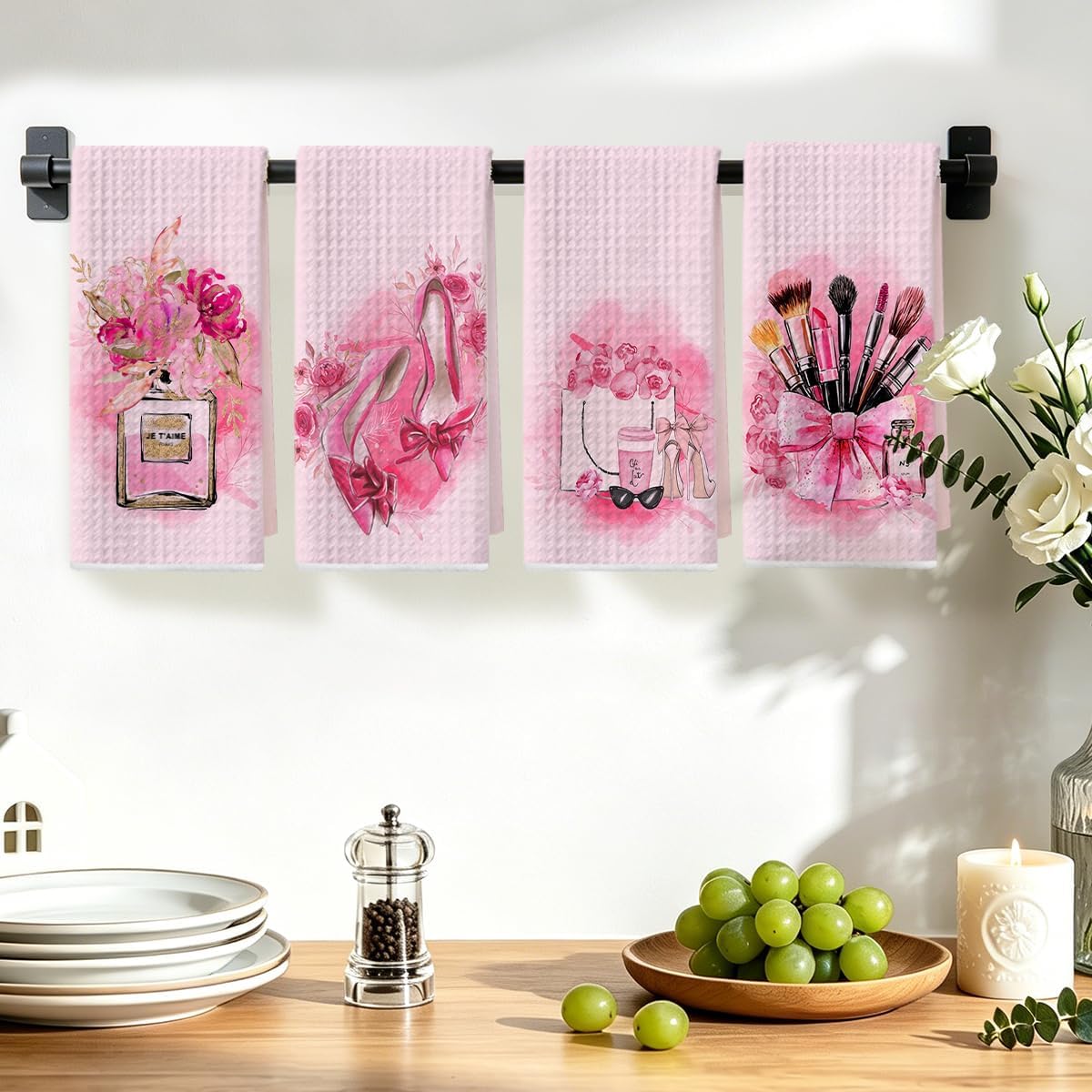 4 Pcs Pink Hand Towels for Bathroom, Perfume Bow Decor Reusable Tea Towels
