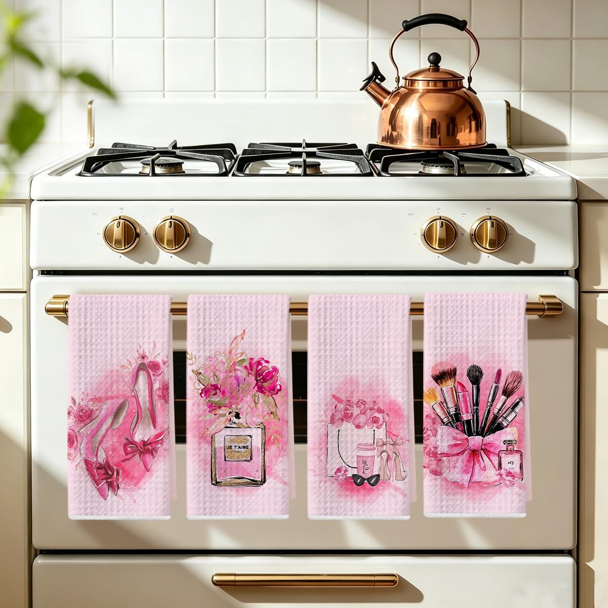 4 Pcs Pink Hand Towels for Bathroom, Perfume Bow Decor Reusable Tea Towels