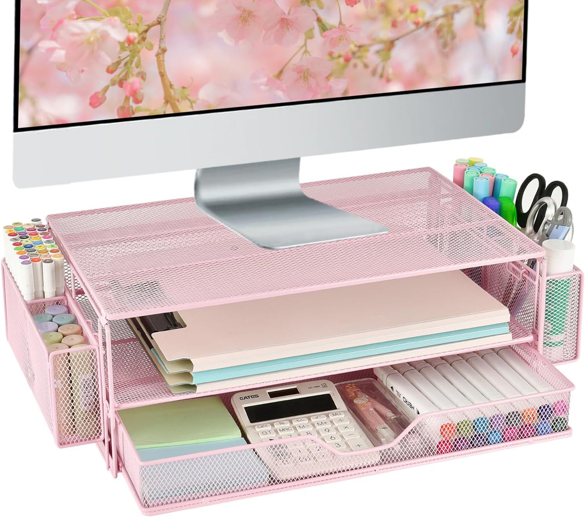Computer Monitor Stands Riser，2-Tier Desk Organizers and Accessories, Office Desk Accessories Organizer with Drawers and 2 Pen Holder for Office Supplies (Pink)