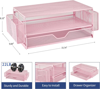 Computer Monitor Stands Riser，2-Tier Desk Organizers and Accessories, Office Desk Accessories Organizer with Drawers and 2 Pen Holder for Office Supplies (Pink)