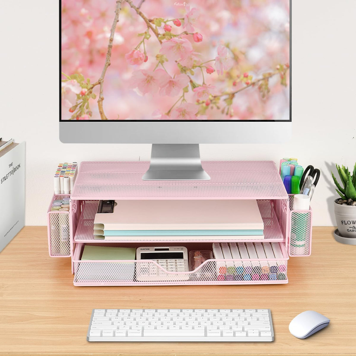 Computer Monitor Stands Riser，2-Tier Desk Organizers and Accessories, Office Desk Accessories Organizer with Drawers and 2 Pen Holder for Office Supplies (Pink)