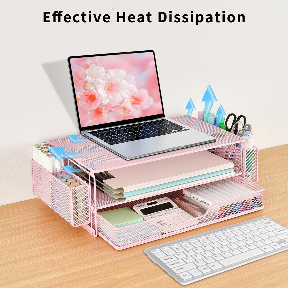 Computer Monitor Stands Riser，2-Tier Desk Organizers and Accessories, Office Desk Accessories Organizer with Drawers and 2 Pen Holder for Office Supplies (Pink)
