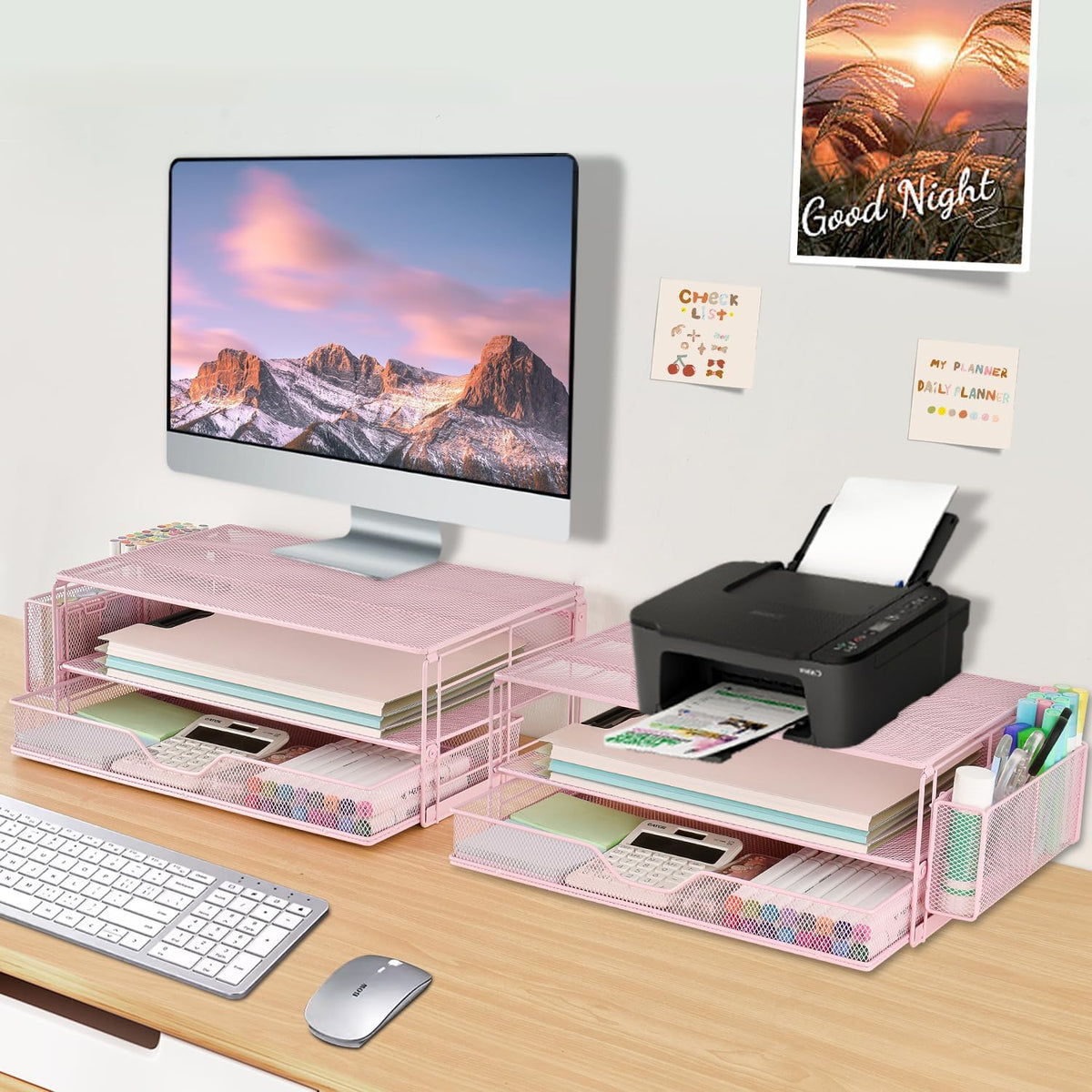 Computer Monitor Stands Riser，2-Tier Desk Organizers and Accessories, Office Desk Accessories Organizer with Drawers and 2 Pen Holder for Office Supplies (Pink)