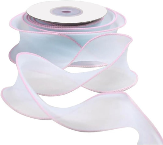 About 2 Inch Pink Blue Sheer Ribbon Transparent Organza Silk Ribbon Pastel Chiffon Candy Color Wired Fabric Ribbons with Spool for Gift Wrapping Craft Christmas Wedding Invitations Diy Decor