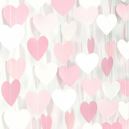 Pink-White Girls Birthday Party-Decorations Heart-Garland - 52Ft Valentines Day Proposal Galentines Wedding Paper Streamers Banner,Baby Bridal Shower Engagement Bachelorette Decor