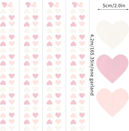 Pink-White Girls Birthday Party-Decorations Heart-Garland - 52Ft Valentines Day Proposal Galentines Wedding Paper Streamers Banner,Baby Bridal Shower Engagement Bachelorette Decor