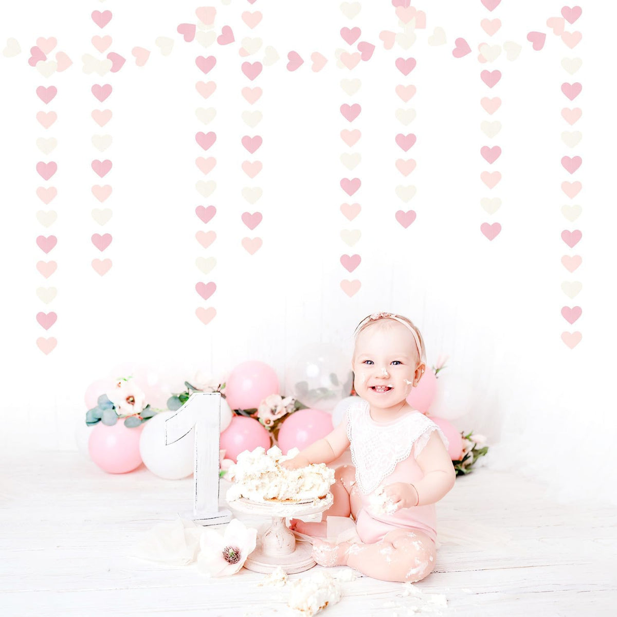 Pink-White Girls Birthday Party-Decorations Heart-Garland - 52Ft Valentines Day Proposal Galentines Wedding Paper Streamers Banner,Baby Bridal Shower Engagement Bachelorette Decor