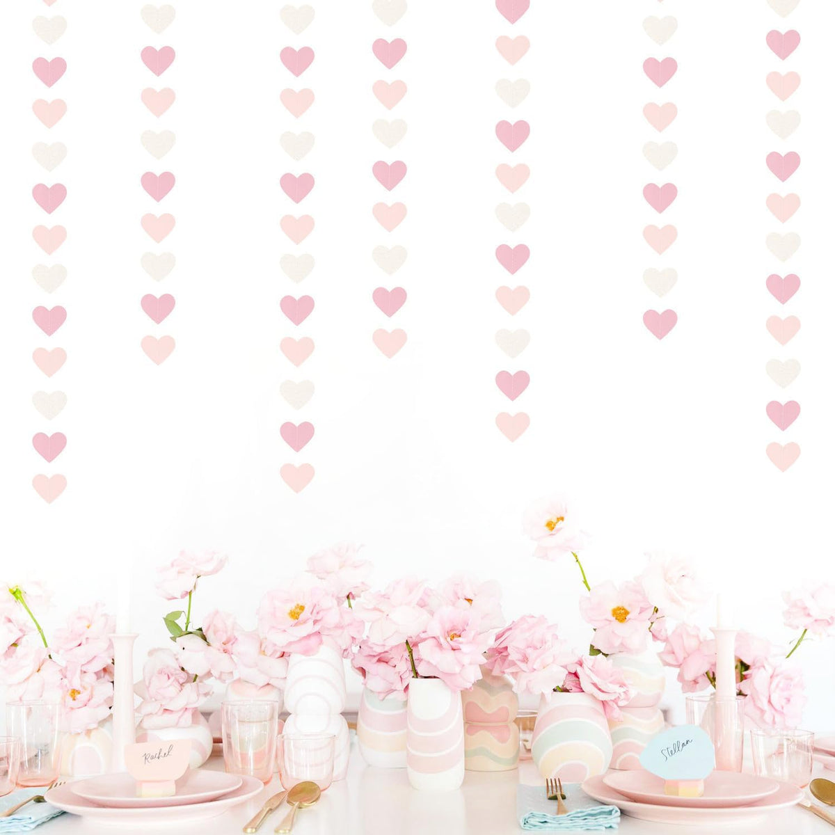 Pink-White Girls Birthday Party-Decorations Heart-Garland - 52Ft Valentines Day Proposal Galentines Wedding Paper Streamers Banner,Baby Bridal Shower Engagement Bachelorette Decor