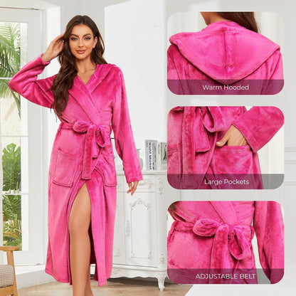 Women's Hooded Robe, Soft Warm Fleece Bathrobe, Cozy Loungewear