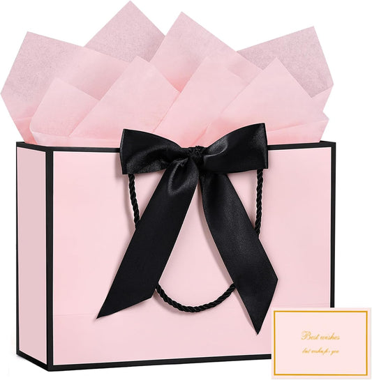 Gift Bags with Handles, 13” Medium Gift Bag for Presents, 1 Pcs Bags with 2 Tissue Paper and 1 Cards for Baby Shower Wedding Bridal Shower Mother's Day Birthday Party (Black-Pink)