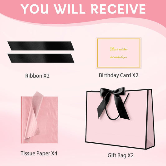 Gift Bags with Handles, 13” Medium Gift Bag for Presents, 1 Pcs Bags with 2 Tissue Paper and 1 Cards for Baby Shower Wedding Bridal Shower Mother's Day Birthday Party (Black-Pink)