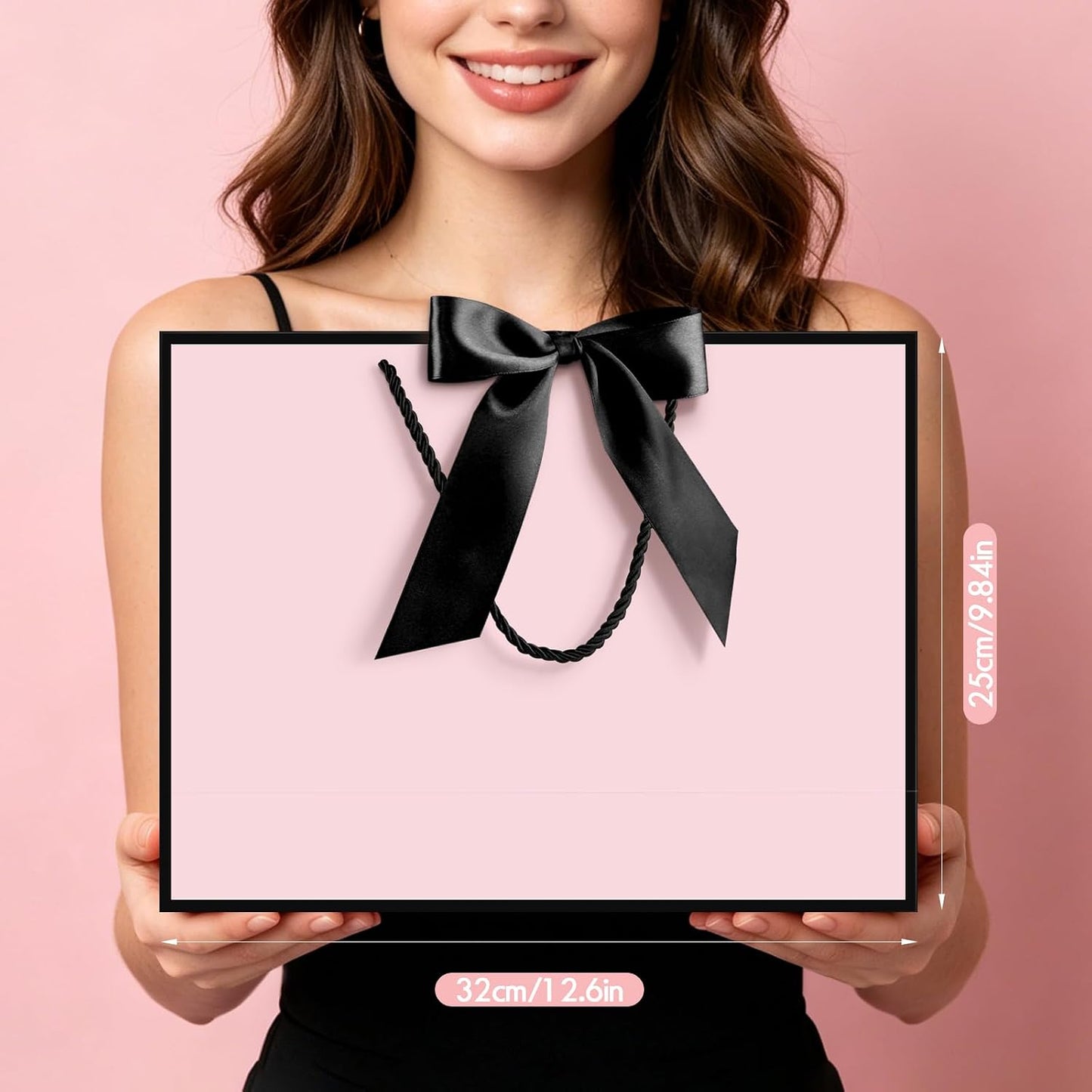 Gift Bags with Handles, 13” Medium Gift Bag for Presents, 1 Pcs Bags with 2 Tissue Paper and 1 Cards for Baby Shower Wedding Bridal Shower Mother's Day Birthday Party (Black-Pink)