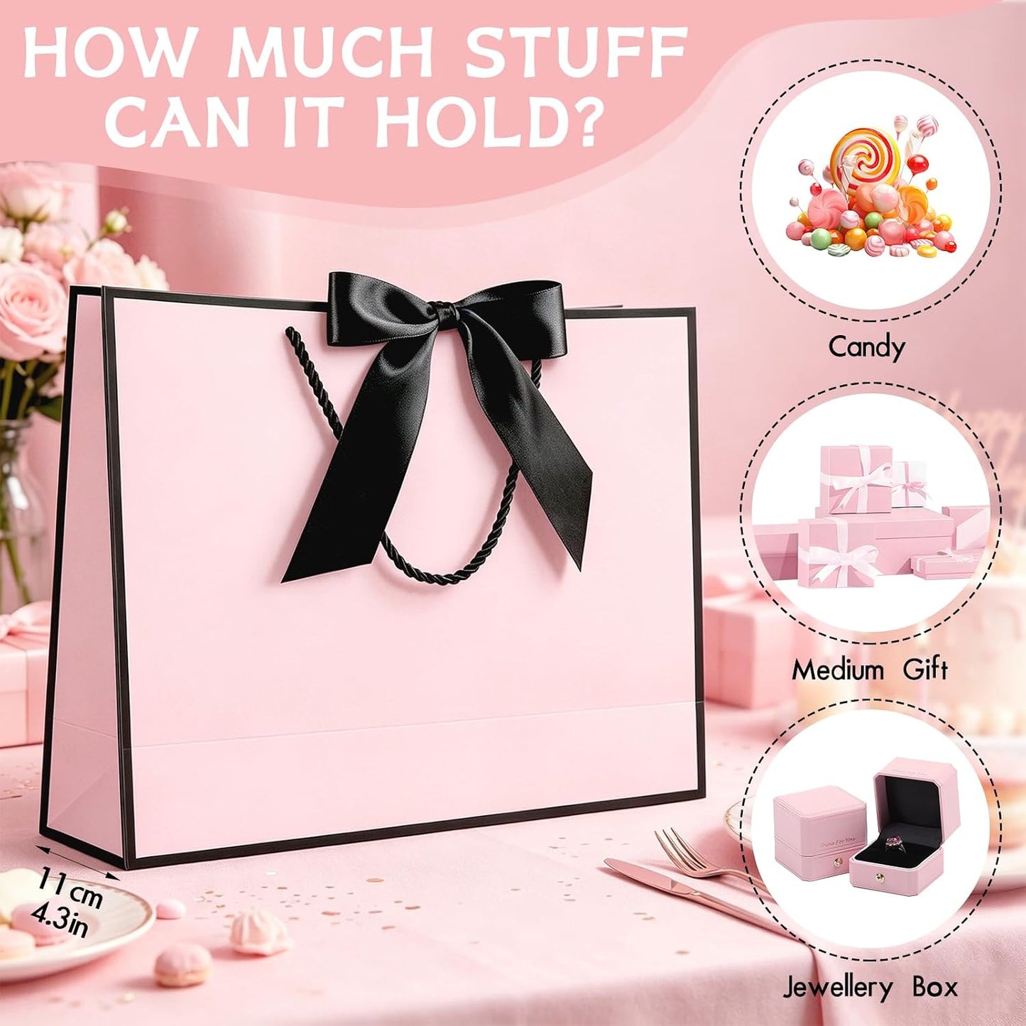 Gift Bags with Handles, 13” Medium Gift Bag for Presents, 1 Pcs Bags with 2 Tissue Paper and 1 Cards for Baby Shower Wedding Bridal Shower Mother's Day Birthday Party (Black-Pink)